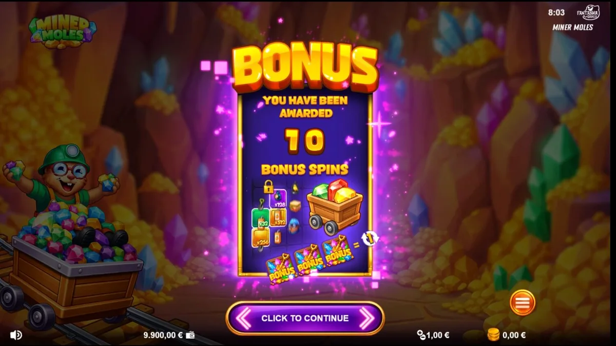 ภาพกราฟิกตัวตุ่นในเหมืองแร่จากเกมสล็อต Miner Moles