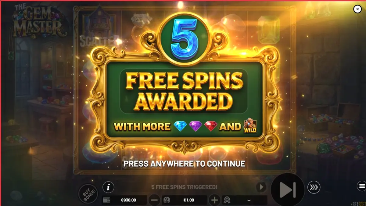 หน้าจอเกมสล็อต The Gem Master ที่เต็มไปด้วยอัญมณีและสัญลักษณ์โบนัส