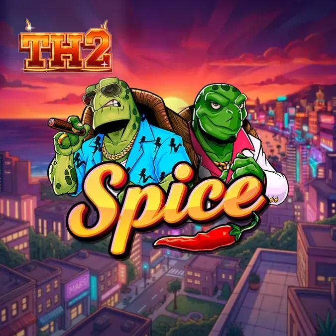 ภาพกราฟิกตัวละครเต่าและบรรยากาศเมืองยามค่ำคืนในเกมสล็อต Spice